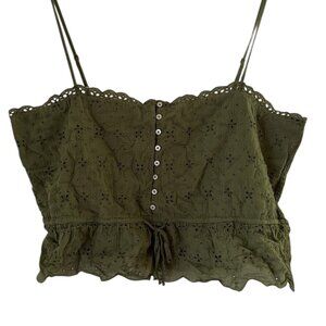 Aerie- Green Cropped Eyelet Tank Top With Buttons and Tie